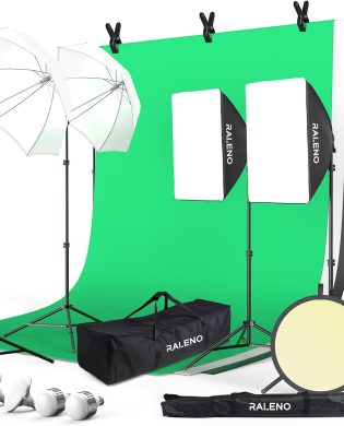 RALENO Photography Lighting Kit, 8.5 x 10 ft Backdrop Stands with Green Screen, Softbox and Umbrella with 5500 K, 97CRI, LED Bulbs, 3 Color Backdrops for Photo Studio Equipment, Portrait Product Shoot